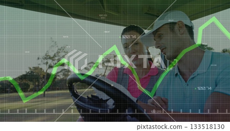 Blue-clad golfer and pink-clad instructor analyzing green line graph, riding golf cart on fairway Blue-clad golfer and pink-clad instructor analyzing green line graph, riding golf cart on fairway 133518130