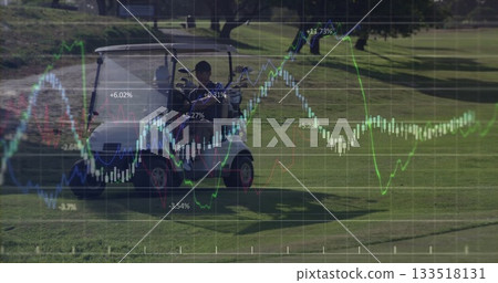 Riding two friends wearing baseball caps in cart across course fairway, golf bag, trading overlay 133518131