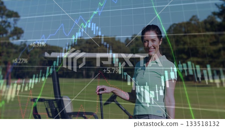 Standing woman golfer holding golf cart at golf course, with financial chart overlay, copy space Standing woman golfer holding golf cart at golf course, with financial chart overlay, copy space 133518132