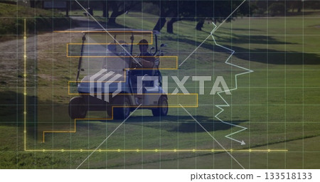 Male driver steering golf cart on manicured fairway, with golf clubs and data overlay 133518133