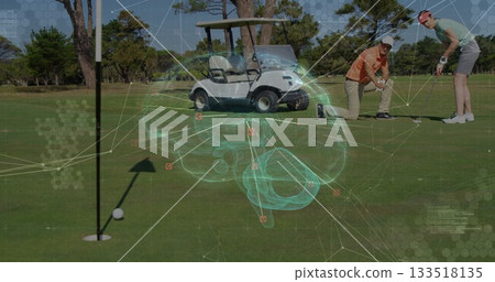 Aligning two golfers putting at golf course green, with golf cart, ball, hologram, copy space 133518135