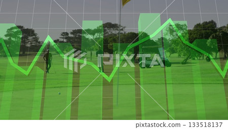 Golfer preparing putt with partner observing on putting green, with flagstick and data overlay 133518137