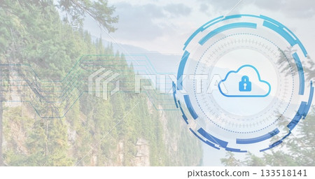 Displaying overlay featuring cloud lock icon and circuit lines over mountain forest, copy space Displaying overlay featuring cloud lock icon and circuit lines over mountain forest, copy space 133518141