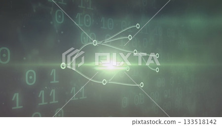 Radiating central light flare over digital space, with glowing network diagram and binary digits Radiating central light flare over digital space, with glowing network diagram and binary digits 133518142