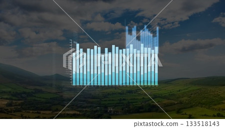 Floating translucent 3D bar chart overlaying verdant rural valley with light blue vertical bars Floating translucent 3D bar chart overlaying verdant rural valley with light blue vertical bars 133518143