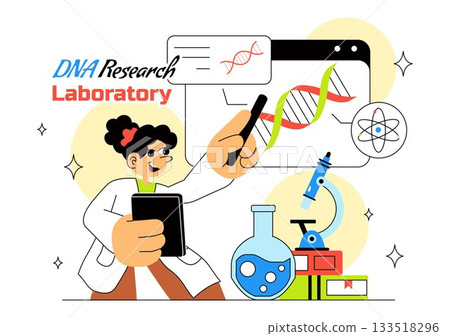 DNA Research Laboratory Illustration Featuring Blood Test and Nanotech Lab With Scientific and Medical Elements In a Future Technology Background 133518296