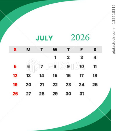 Modern July 2026 Monthly Calendar with Green Accents 133518313
