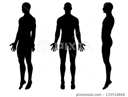 男性全身正面、側面和側身輪廓圖 男性全身正面、側面和側身輪廓圖 133518666