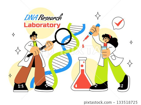 DNA Research Laboratory Illustration Featuring Blood Test and Nanotech Lab With Scientific and Medical Elements In a Future Technology Background 133518725