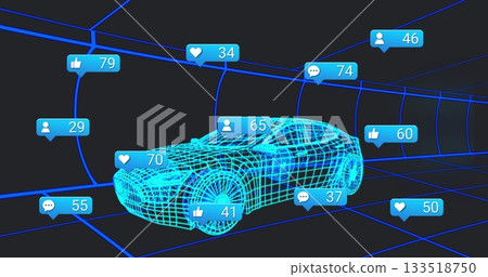 Gliding wireframe sports car model rotating inside neon-blue grid tunnel, with floating reactions Gliding wireframe sports car model rotating inside neon-blue grid tunnel, with floating reactions 133518750