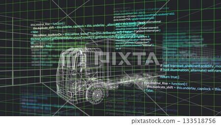 Displaying wireframe semi-truck floating in virtual 3D workspace, with green grid and code snippets Displaying wireframe semi-truck floating in virtual 3D workspace, with green grid and code snippets 133518756
