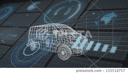 Floating wireframe van model hovering above grid floor in virtual 3D space, with interface panels 133518757
