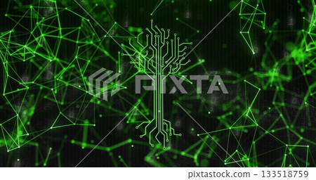 Showing neon green circuit-tree branching across virtual grid, with network mesh and binary overlay 133518759