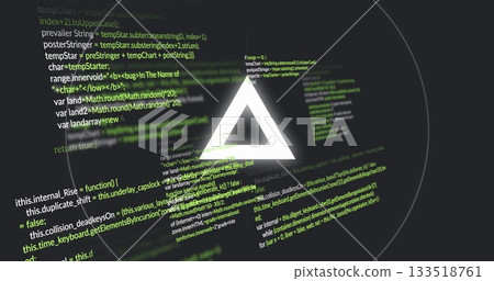 Glowing triangle symbol emitting halo effect in dark code interface, with green code text 133518761