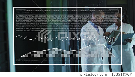 Analyzing code on tablets, lab coat techs working in data center with server racks, copy space Analyzing code on tablets, lab coat techs working in data center with server racks, copy space 133518767