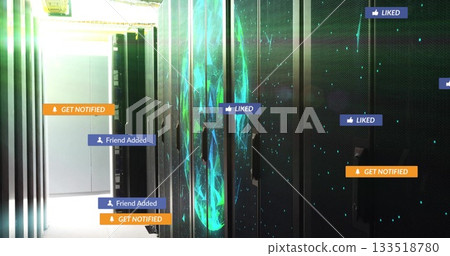 Showing server cabinets with network visuals in data center corridor, with notification pop-ups Showing server cabinets with network visuals in data center corridor, with notification pop-ups 133518780