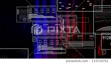 Displaying UI panels showing code numeric data and keyboard graphic in cyber space Displaying UI panels showing code numeric data and keyboard graphic in cyber space 133518781