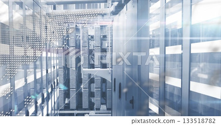 Server rack hosting network switches and patch panels in data center aisle, with bundled cables Server rack hosting network switches and patch panels in data center aisle, with bundled cables 133518782