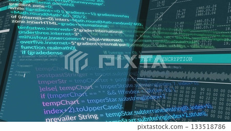 Showing computer display filling screen with code editor panels at workstation, with encryption bar Showing computer display filling screen with code editor panels at workstation, with encryption bar 133518786