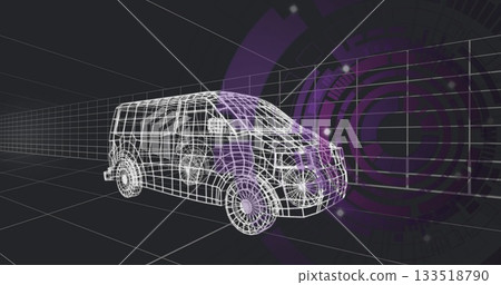 Displaying wireframe van model sitting on grid plane in 3D workspace, with purple HUD interface Displaying wireframe van model sitting on grid plane in 3D workspace, with purple HUD interface 133518790