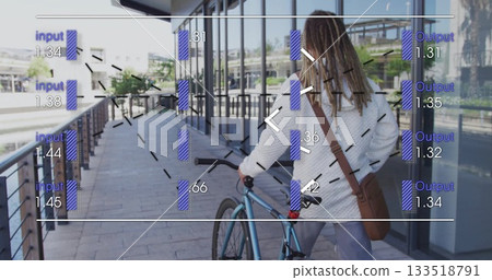 Walking man pushing bicycle along walkway by glass facade, wearing bag with UI overlays, copy space Walking man pushing bicycle along walkway by glass facade, wearing bag with UI overlays, copy space 133518791