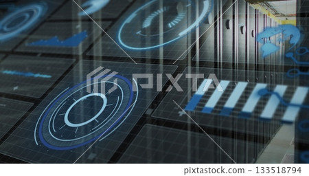 Showing server racks projecting holographic charts at data hall, raised panels, yellow cable trays Showing server racks projecting holographic charts at data hall, raised panels, yellow cable trays 133518794
