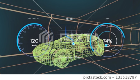 Displaying neon green wireframe sports car on dark navy grid, with speedometer and battery gauges 133518797