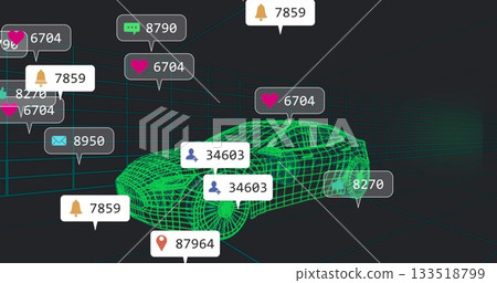 Floating wireframe sports car model rotating within 3D grid space, with notification icons Floating wireframe sports car model rotating within 3D grid space, with notification icons 133518799