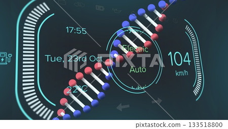 Displaying futuristic UI with 3D DNA, mode selector dial, readouts, gauge ticks and status icons 133518800