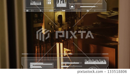 Operating robot assembly head building parts inside instrument bay with holographic UI overlays Operating robot assembly head building parts inside instrument bay with holographic UI overlays 133518806