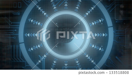Central circular gauge pulsing in UI on grid overlay, with rings, arrow icons and circuit traces 133518808