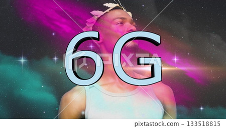 Sporting white tank top, leaf headband, man gazing upward right in cosmic backdrop, with 6G overlay 133518815