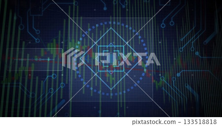 Displaying diamond motif in dotted ring on dashboard with grid candlestick bars and circuits Displaying diamond motif in dotted ring on dashboard with grid candlestick bars and circuits 133518818
