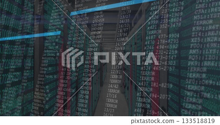 Extending server rack aisle into data center, with network cables, LED lights and code overlay 133518819