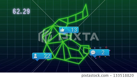 Floating neon green wireframe hand forming OK gesture on virtual grid, with 62 Floating neon green wireframe hand forming OK gesture on virtual grid, with 62 133518820