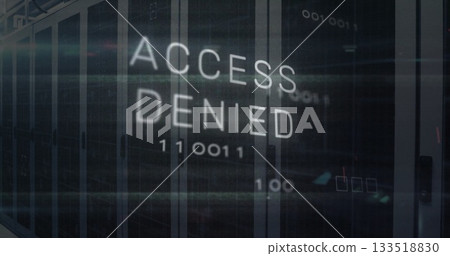 Displaying ACCESS DENIED hologram overlay in data center corridor with server racks and binary code 133518830