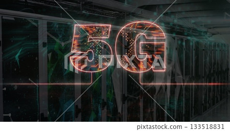 Glowing circuit-patterned 5G symbol casting red beam along corridor, highlighting server cabinets Glowing circuit-patterned 5G symbol casting red beam along corridor, highlighting server cabinets 133518831