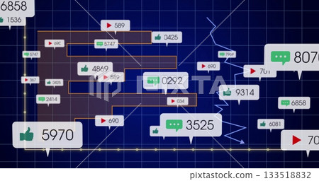 Showing metrics on screen, featuring grid, yellow axes, orange bars, dotted trendline, bubble icons 133518832