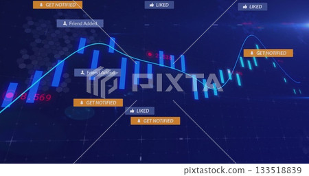 Displaying blue bar chart, line graph on dashboard with orange GET NOTIFIED and Friend Added labels Displaying blue bar chart, line graph on dashboard with orange GET NOTIFIED and Friend Added labels 133518839