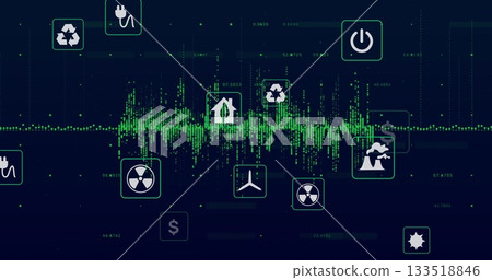 Showing green waveform graph on dark panel, with energy icons, data points, grid lines Showing green waveform graph on dark panel, with energy icons, data points, grid lines 133518846