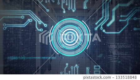 Displaying central circular HUD interface in data center corridor, with circuit patterns and grid Displaying central circular HUD interface in data center corridor, with circuit patterns and grid 133518848
