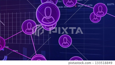 Displaying avatar network on dashboard, with purple icons, pink lines, grid overlays and bar charts 133518849