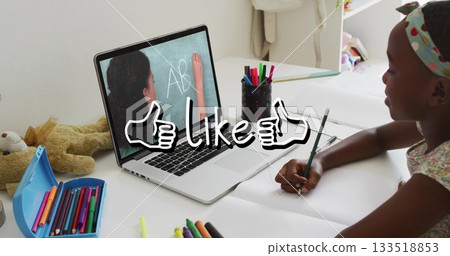 Watching girl wearing patterned shirt following tutor writing AB on laptop at home desk, copy space Watching girl wearing patterned shirt following tutor writing AB on laptop at home desk, copy space 133518853