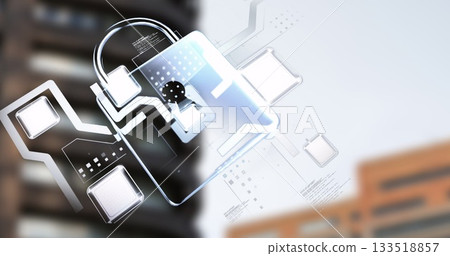Projecting digital padlock icon glowing circuits over blurred city facade, with data grid overlays 133518857