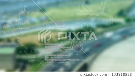 Overlaying molecular diagrams and code lines over aerial highway lanes, data visualization Overlaying molecular diagrams and code lines over aerial highway lanes, data visualization 133518858