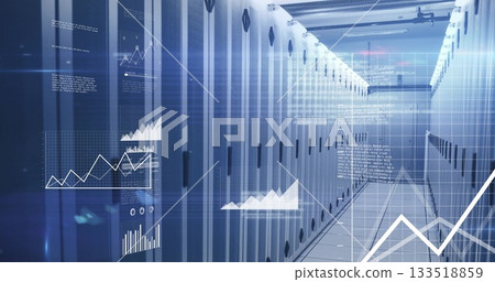 Displaying server rack corridor in data center with cable trays hosting floating analytics overlays 133518859