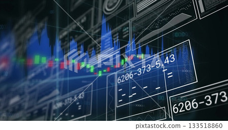 Displaying trading dashboard panels with candlestick and area graphs, grid overlay and axis labels Displaying trading dashboard panels with candlestick and area graphs, grid overlay and axis labels 133518860