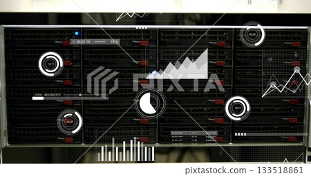 Displaying blade server rack with red locking tabs and data visualization overlay in server room Displaying blade server rack with red locking tabs and data visualization overlay in server room 133518861