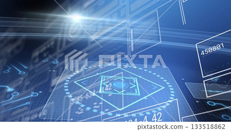 Displaying holographic interface pulsing in virtual control environment, with floating data boxes 133518862