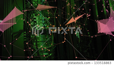 Glowing server racks, switches, cables, LED lights, cable arms in data center under green lighting Glowing server racks, switches, cables, LED lights, cable arms in data center under green lighting 133518863